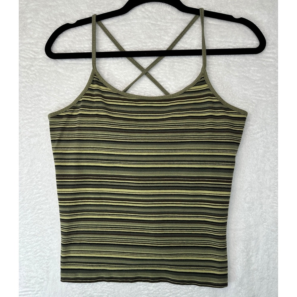Old Navy Striped Y2K Cami Tank Top Women M Green Cross Back Stretch